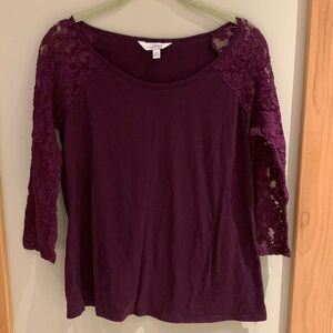 Charming Charlie maroon 3 quarter length lace sleeved top. Size small